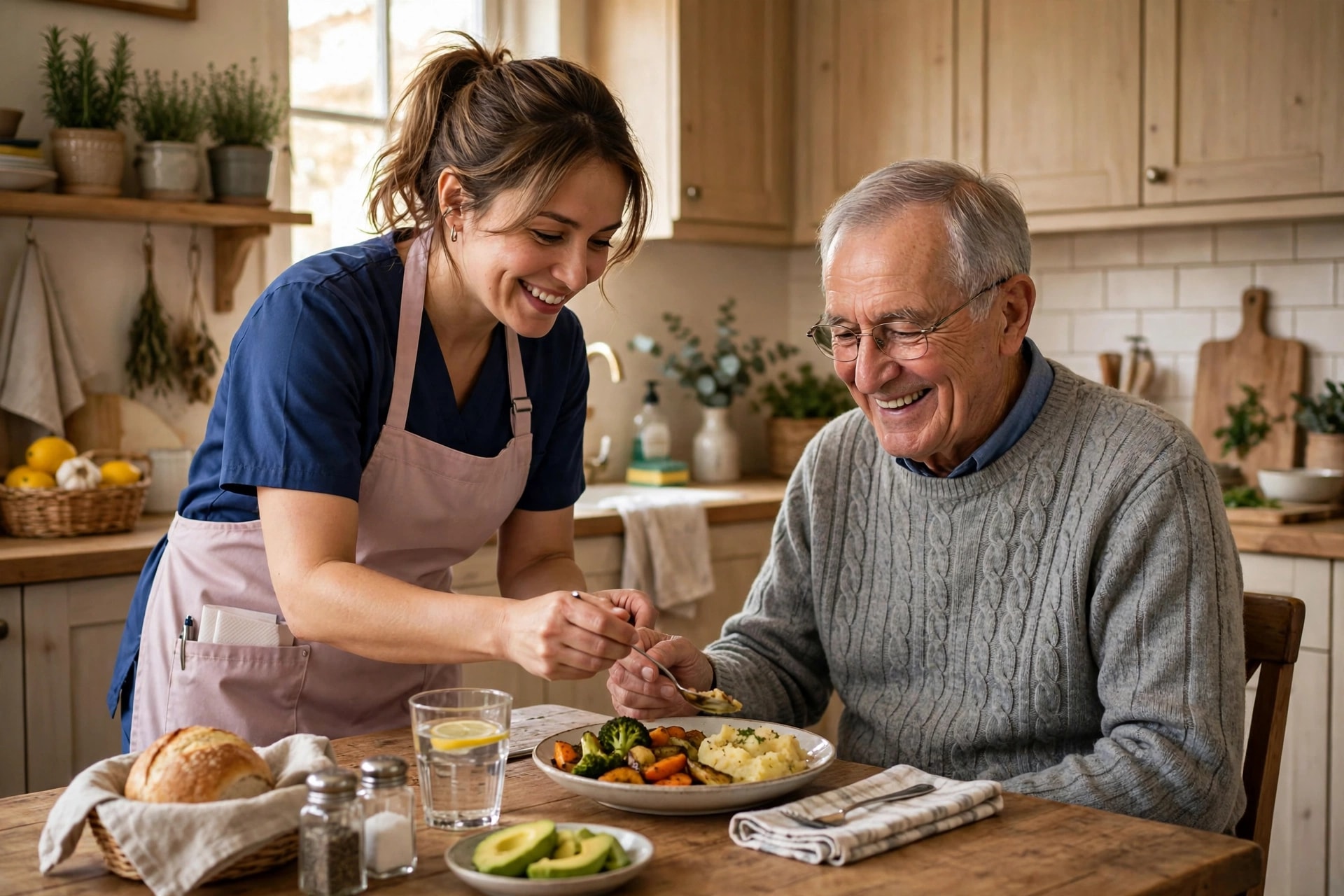 Caregiver helping a smiling elderly man with a meal in a home kitchen