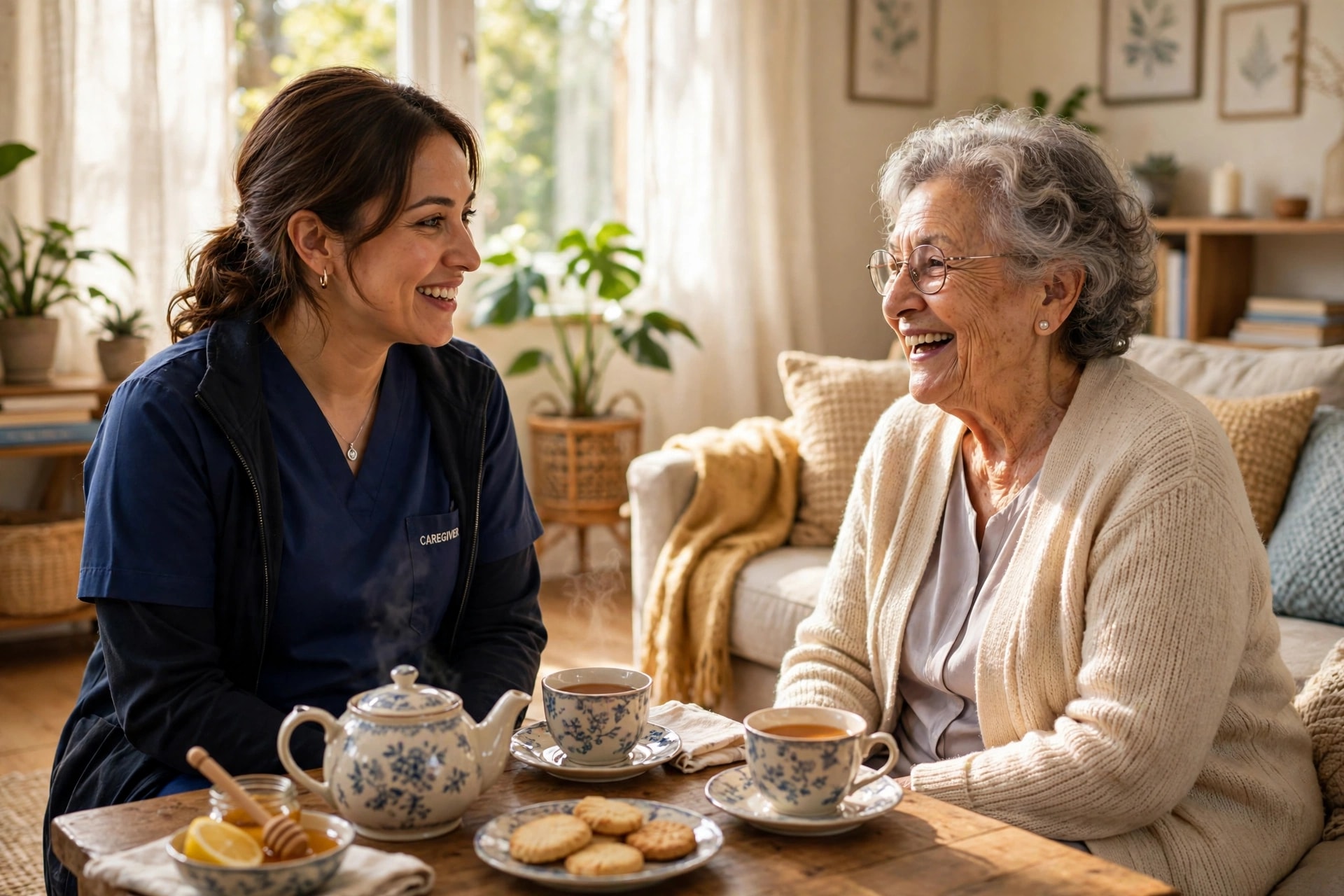 Caregiver and happy elderly woman talking over tea in a sunny living room